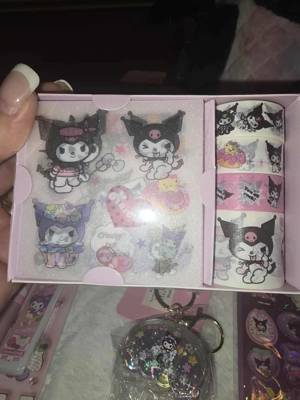 Sanrio Kuromi Purple Plush Backpack & Mega Stationery Lip Gloss Accessory Bundle